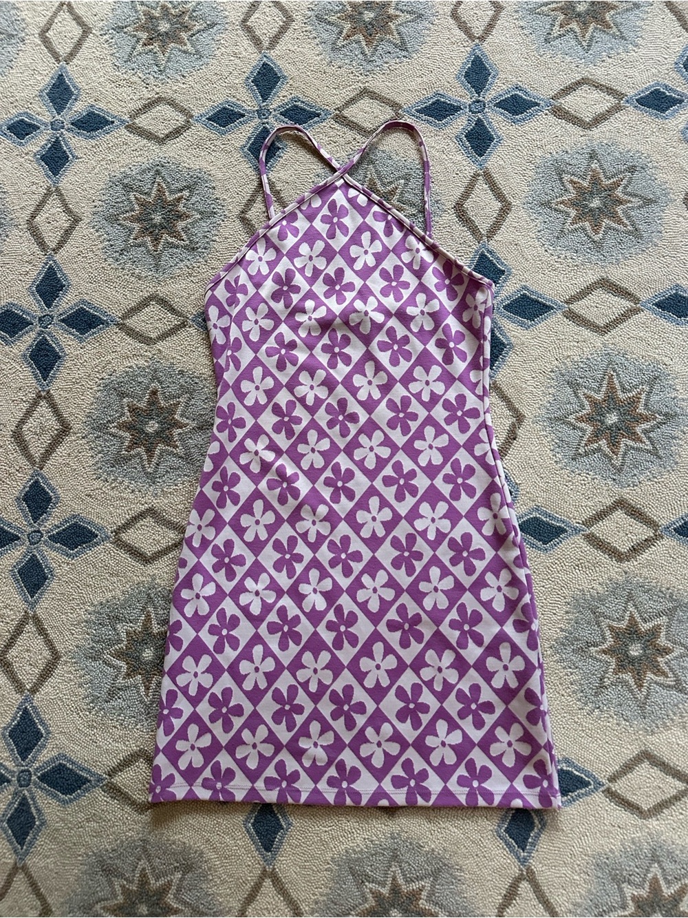 Forever 21 Purple and White Floral Diamond-Print Mini Dress